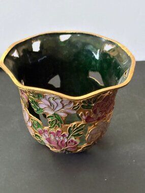 Vintage Floral Glass Enamel Gold Plated Metal Votive Candle Holder